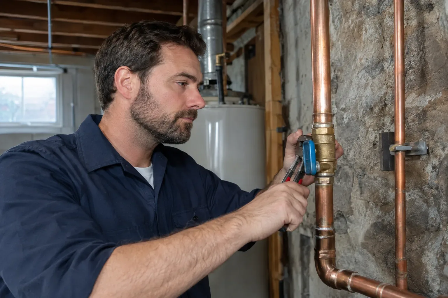 Prime Plumbing technician at work on a residential plumbing system in Greater Boston