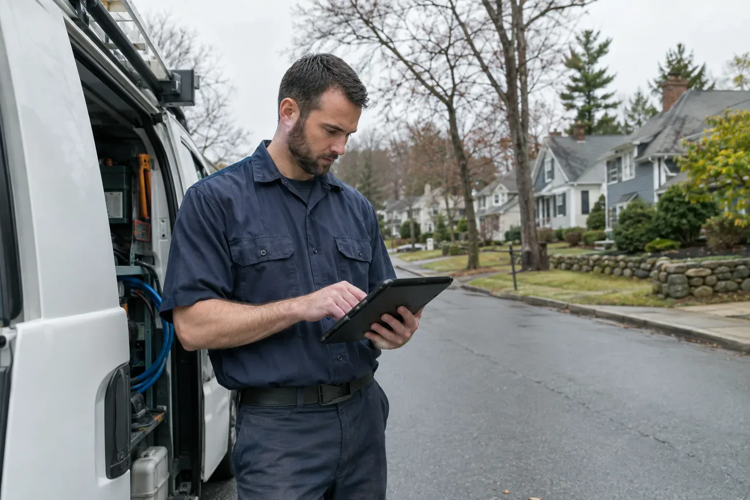 Prime Plumbing technician reviewing a service map of the Greater Boston area