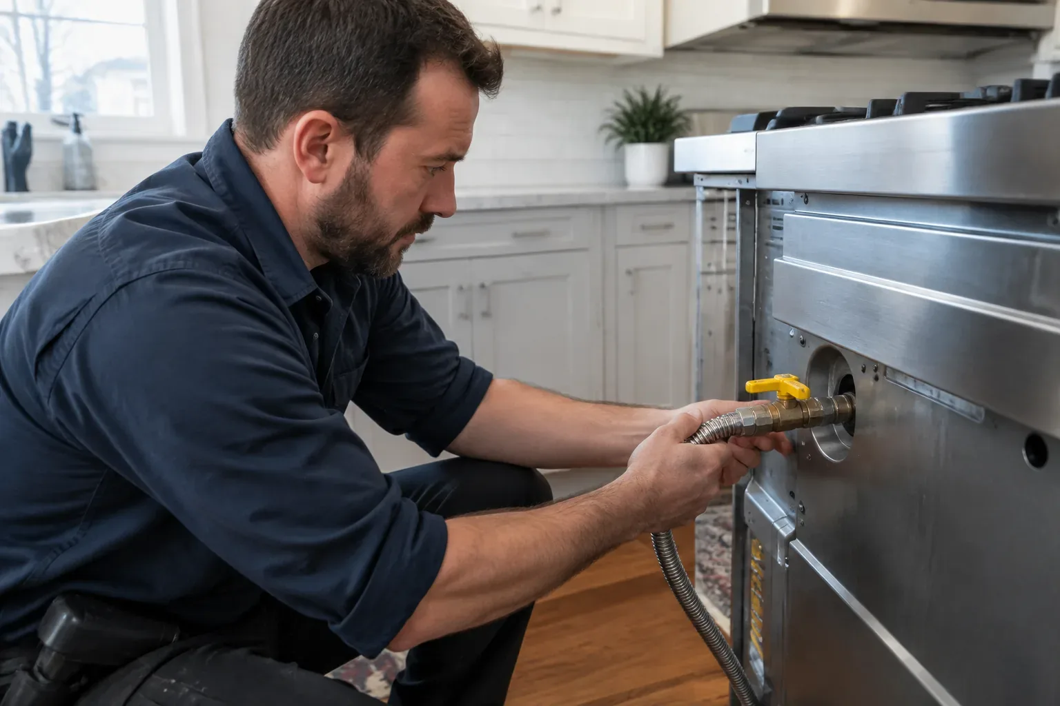 Prime Plumbing technician connecting a flexible gas connector and shutoff valve to a kitchen gas range in a Greater Boston home