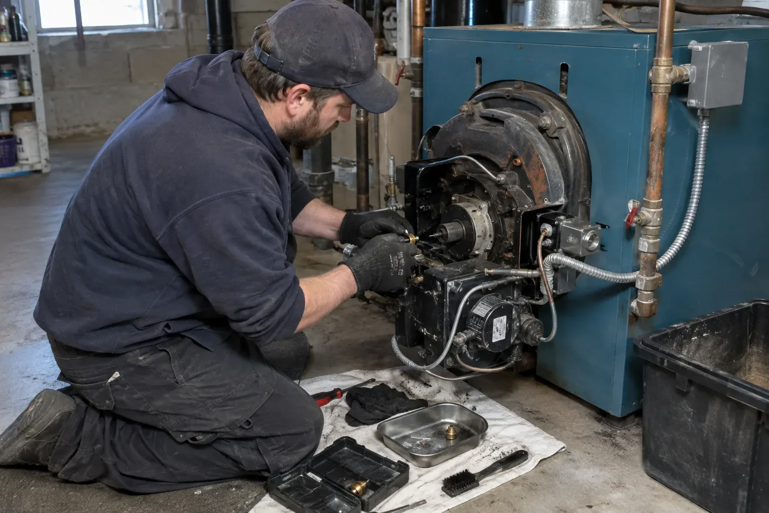 Prime Plumbing technician cleaning the burner and replacing the oil nozzle on a residential boiler during annual service in a Greater Boston basement
