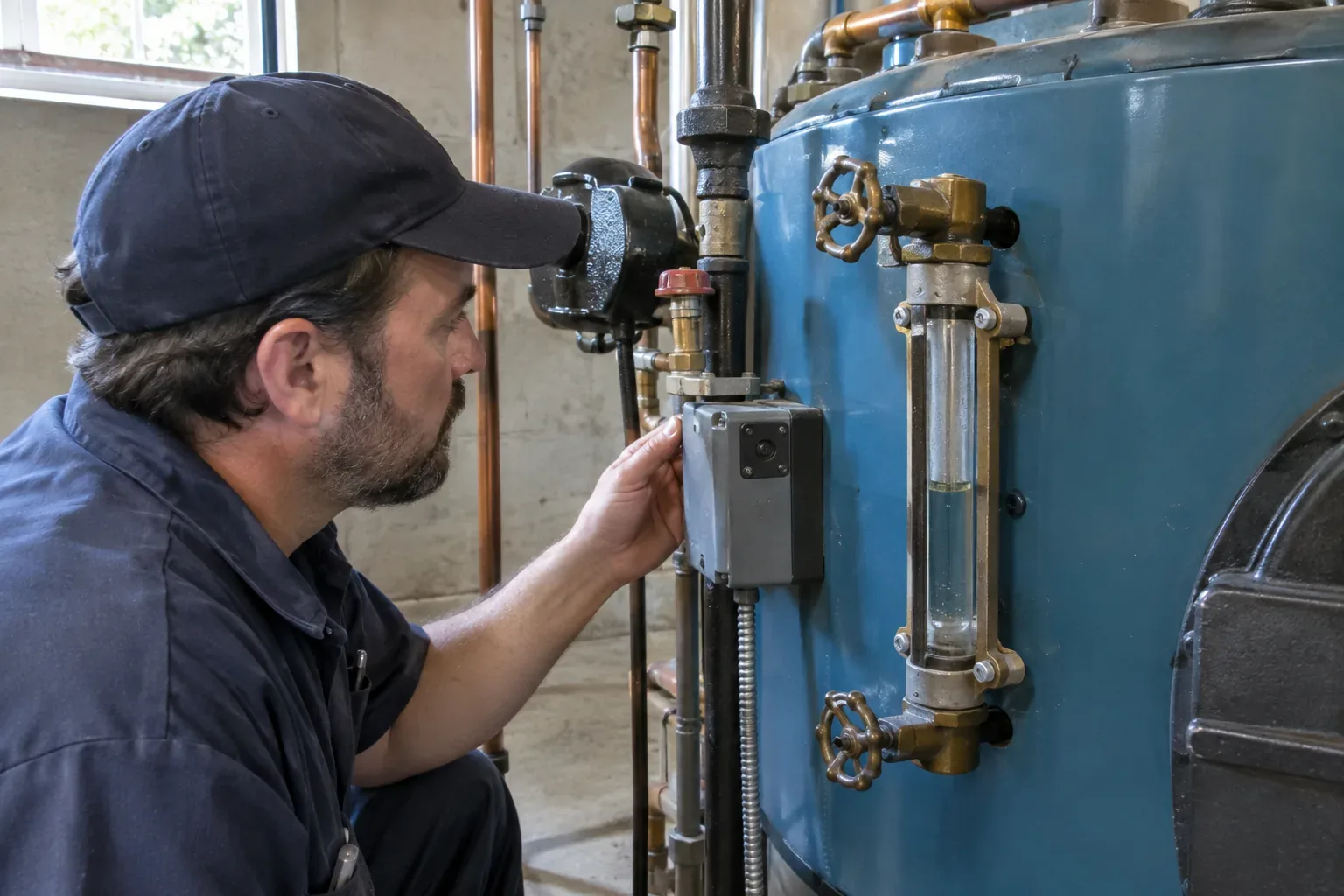 Prime Plumbing technician testing the low-water cutoff on a steam boiler during maintenance in a Greater Boston home