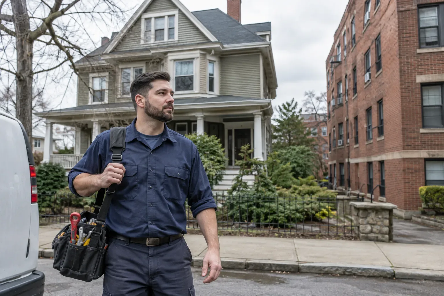 Prime Plumbing technician outside a large older home and apartment buildings on a Brookline, Massachusetts street