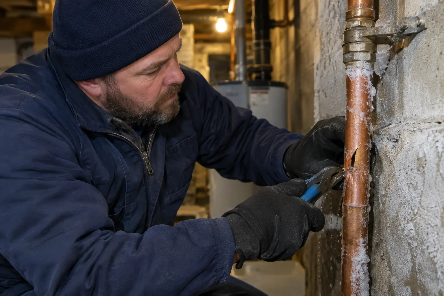 Prime Plumbing technician repairing a burst frozen copper pipe in a cold Greater Boston basement