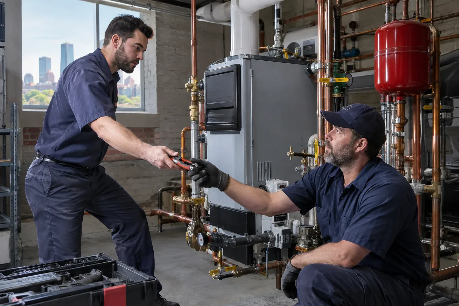 Prime Plumbing technicians working on a plumbing and heating system in Greater Boston