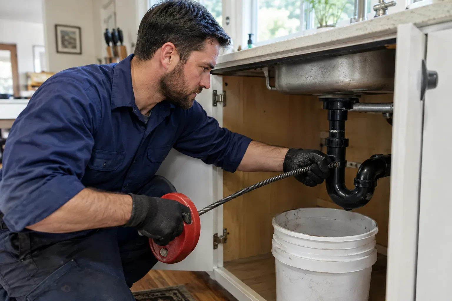 Prime Plumbing technician clearing a clogged kitchen sink drain with a hand auger under the sink in a Greater Boston home