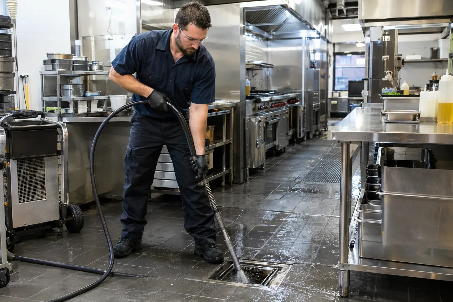 Prime Plumbing technician hydro-jetting a commercial kitchen floor drain line in a Greater Boston restaurant