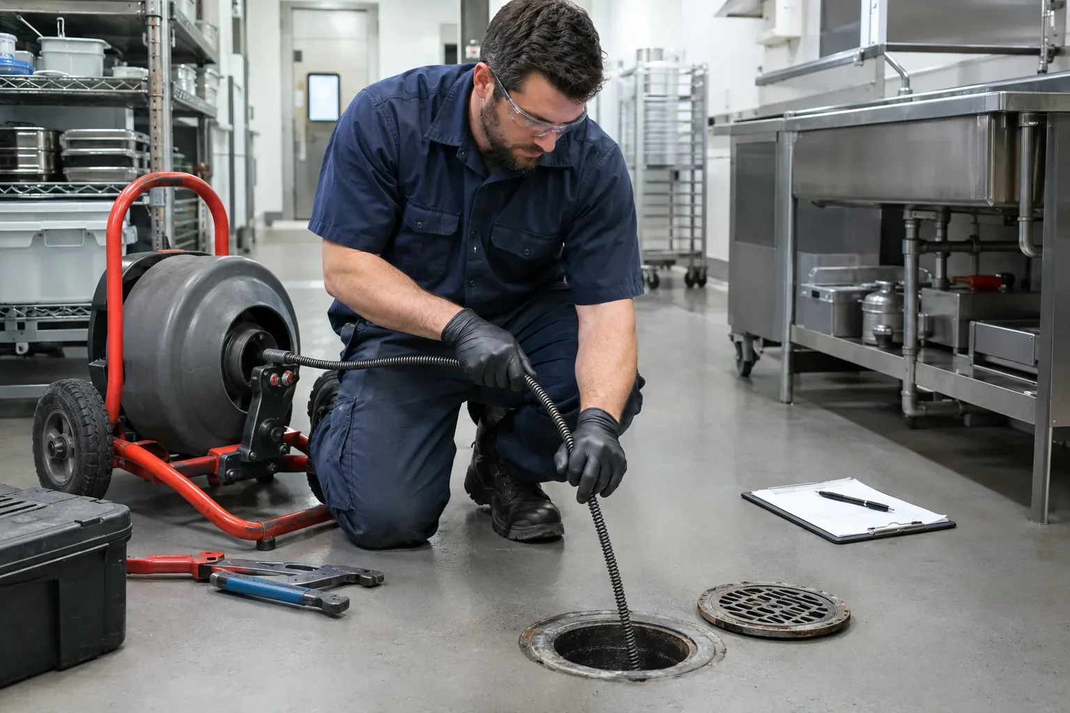 Prime Plumbing technician on a scheduled maintenance visit servicing a commercial drain line at a Greater Boston business