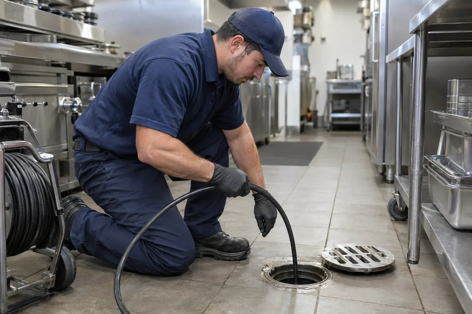 Prime Plumbing technician clearing a backed-up commercial kitchen floor drain during an emergency