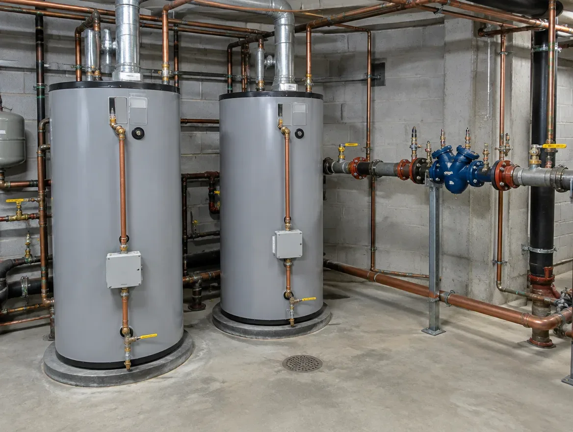 Prime Plumbing servicing a shared boiler, hot-water system, and backflow protection in a Greater Boston apartment building