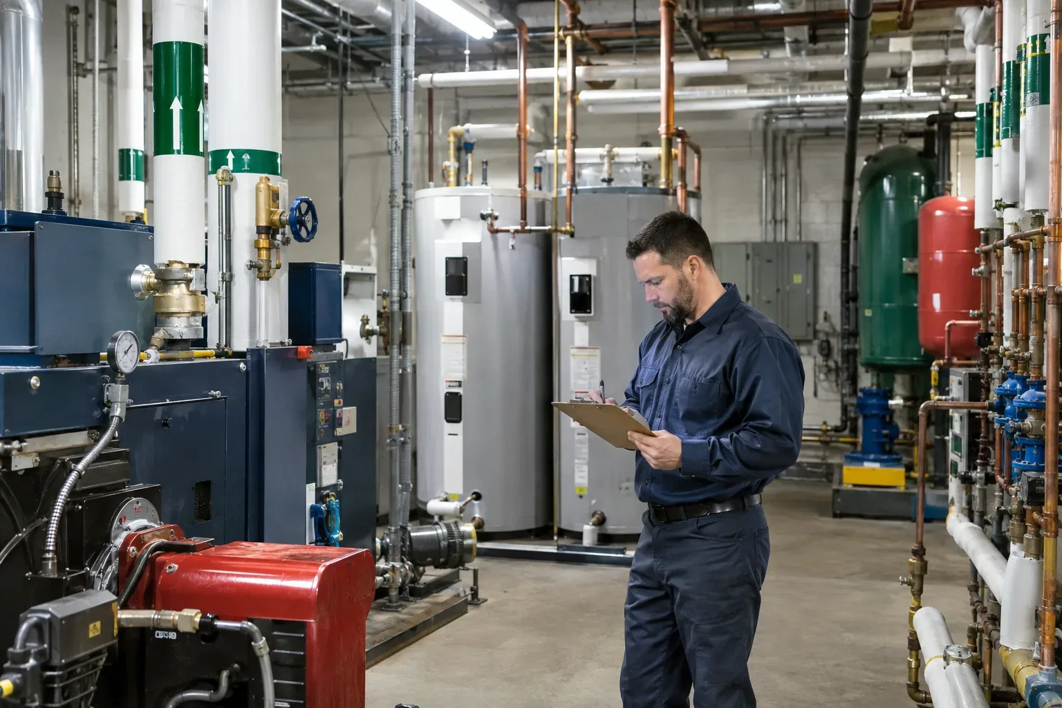 Prime Plumbing technician reviewing a building systems maintenance checklist in a commercial mechanical room in Greater Boston