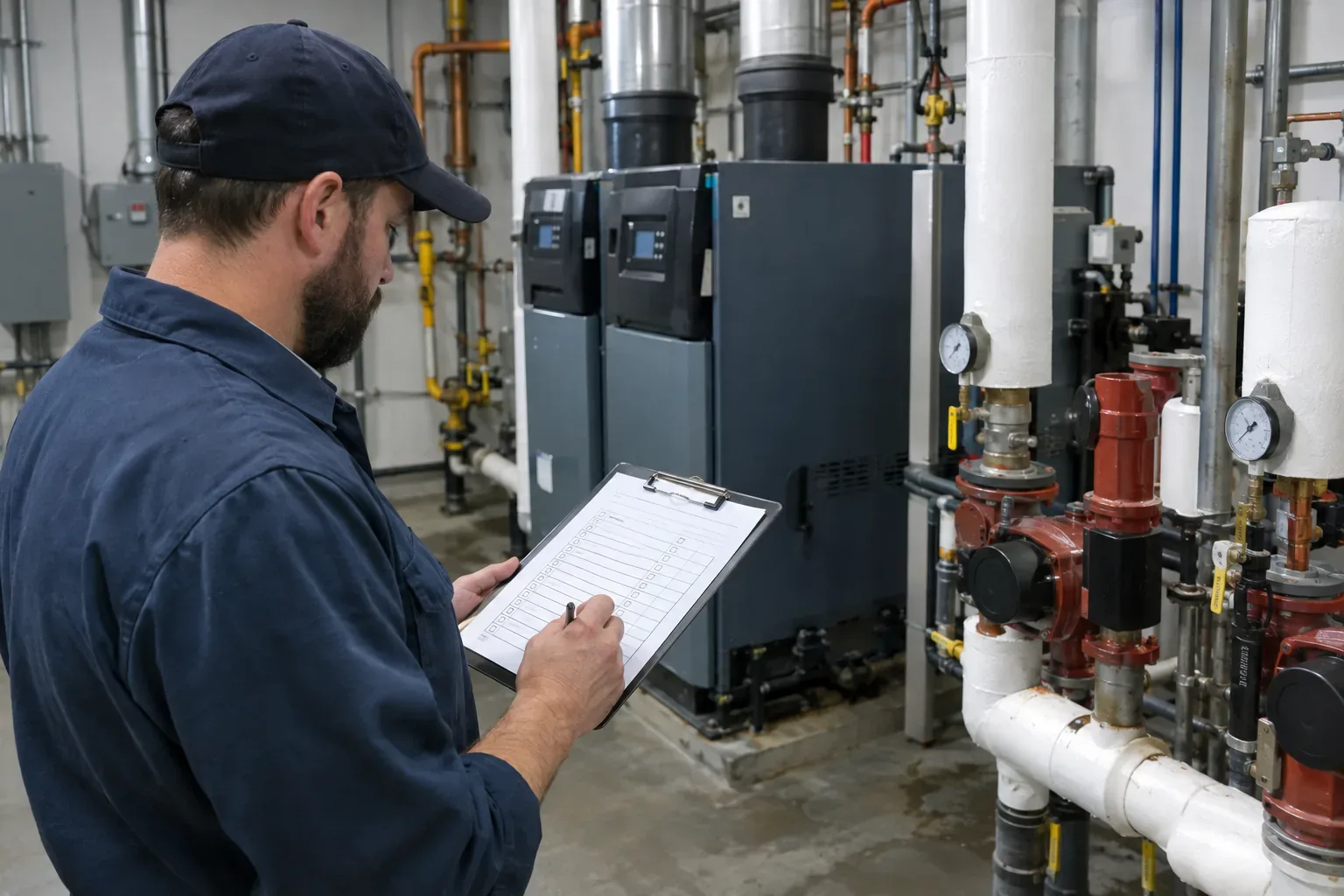 Prime Plumbing technician reviewing a whole-building systems maintenance schedule in a Greater Boston commercial mechanical room