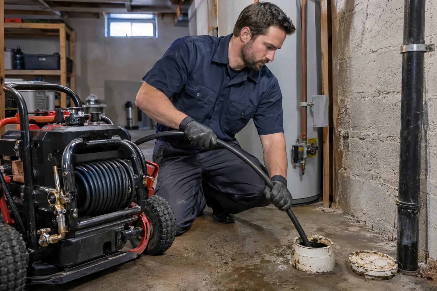 Prime Plumbing technician hydro-jetting a residential drain line to keep it clear in a Greater Boston home