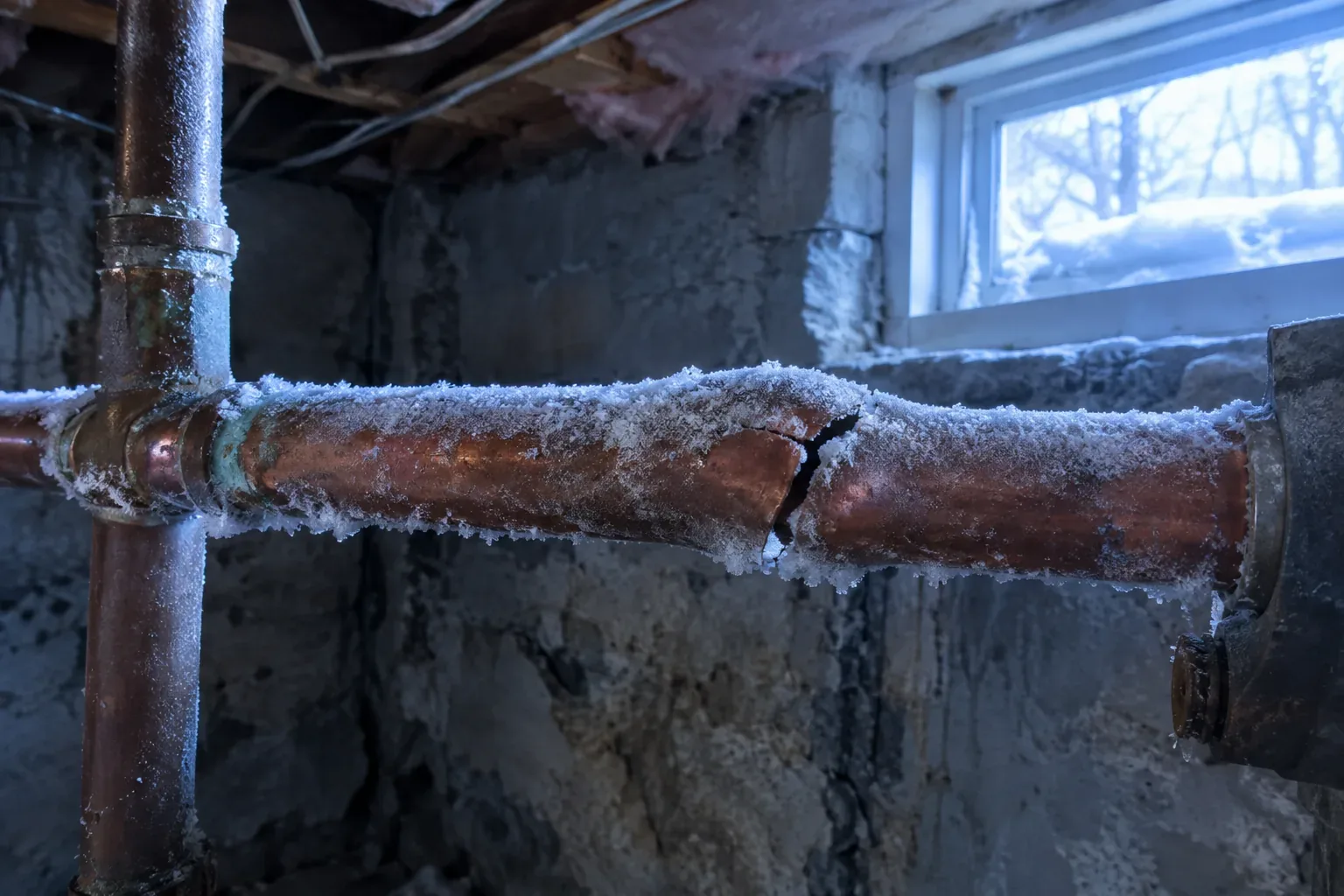 Frozen and split copper water pipe in an unheated Greater Boston crawlspace in winter