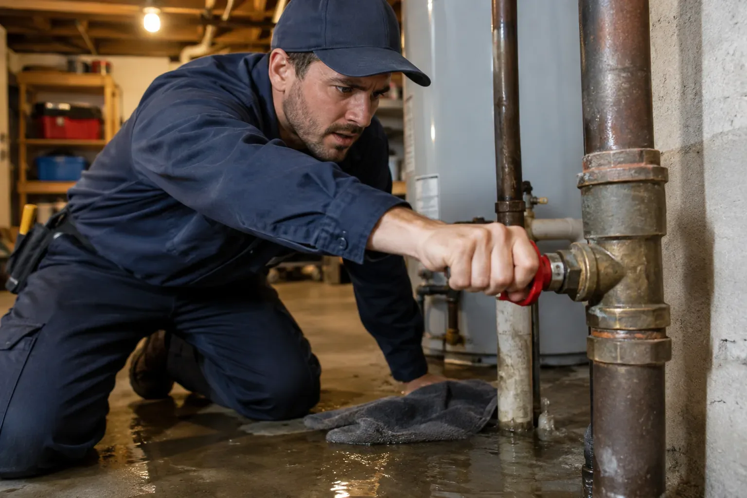 Prime Plumbing technician shutting off the main water valve during a plumbing emergency in a Greater Boston basement