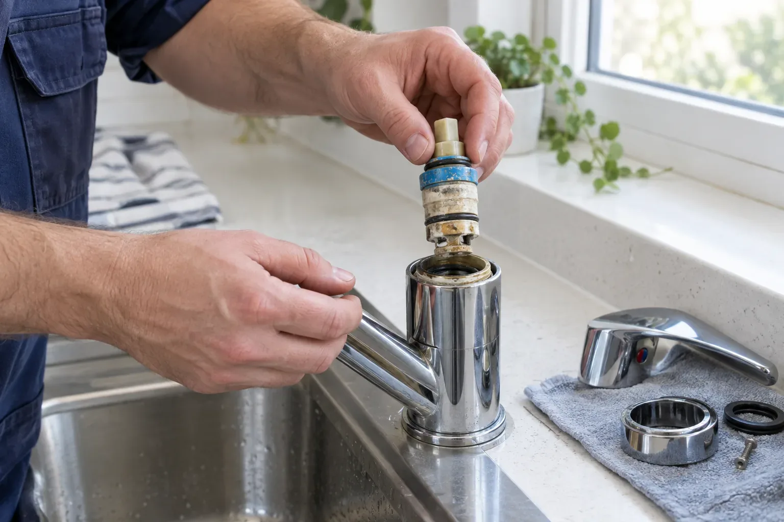 Prime Plumbing technician lifting a worn cartridge out of a disassembled single-handle kitchen faucet in a Greater Boston home