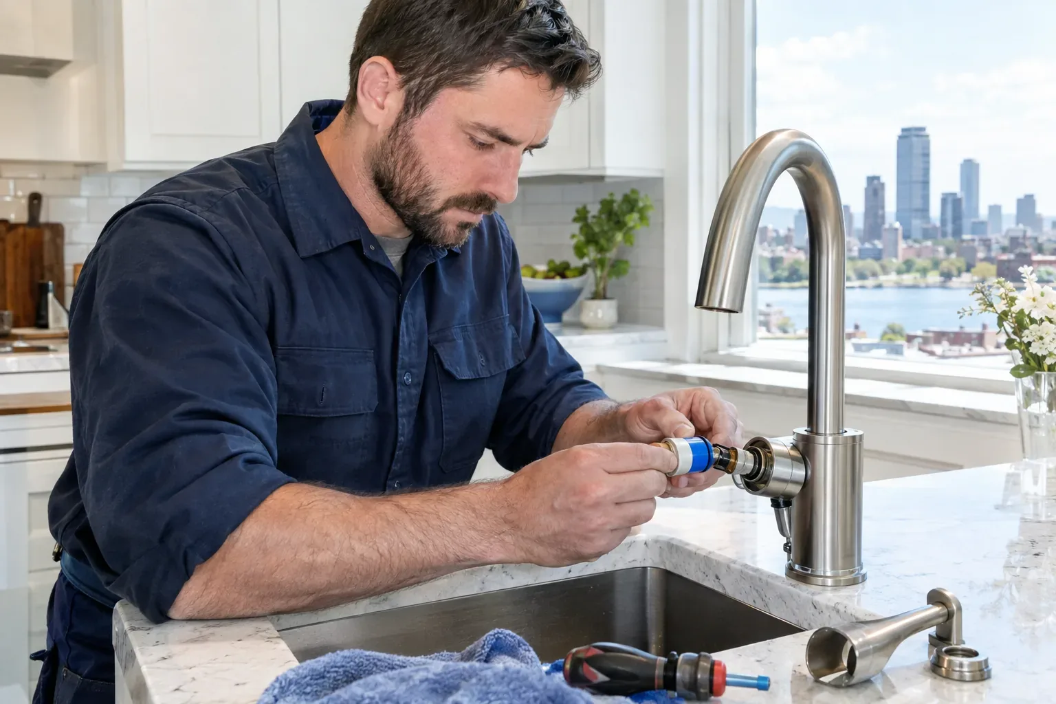 Prime Plumbing technician repairing a kitchen faucet cartridge at a sink in a Greater Boston home