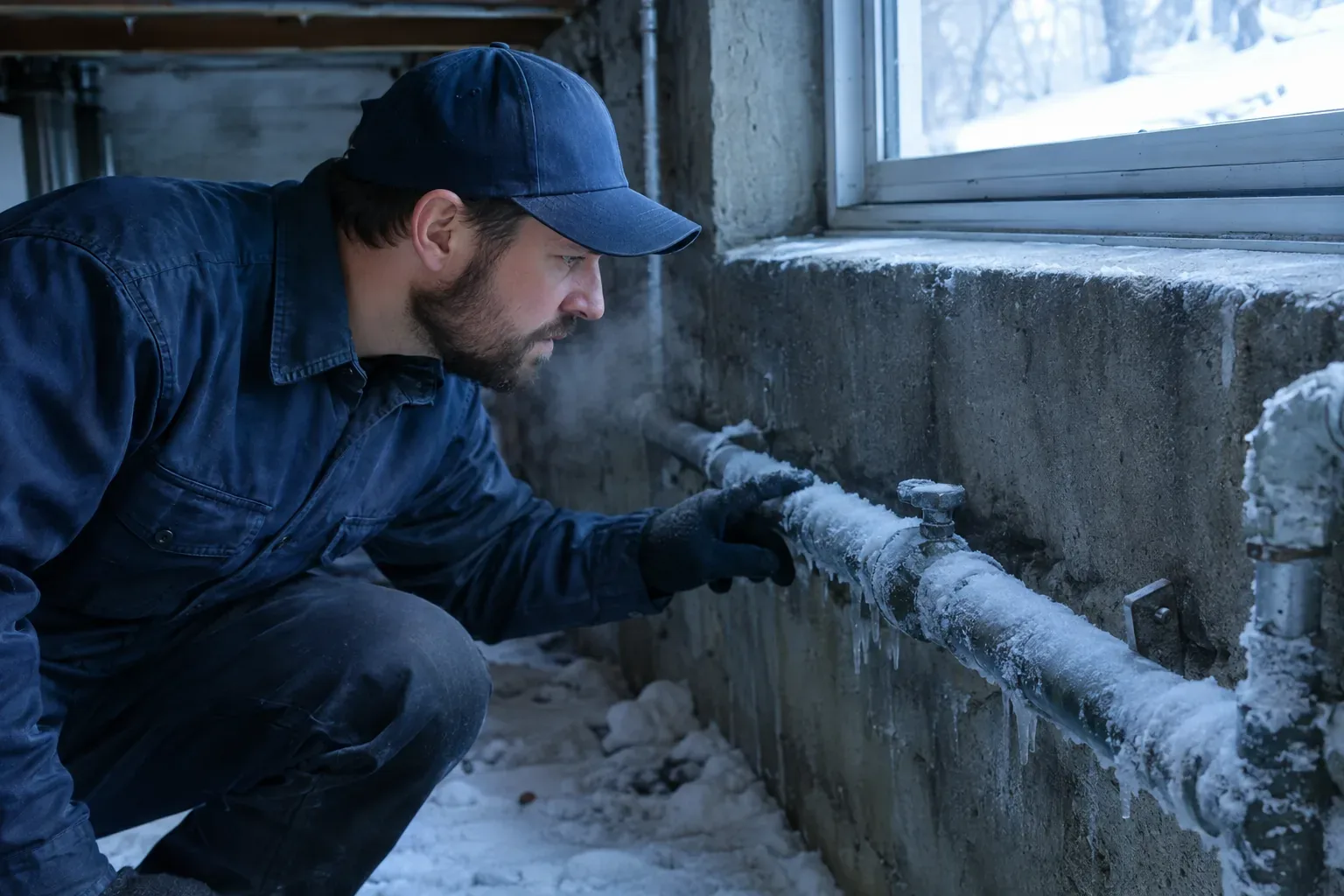 Prime Plumbing technician inspecting a frozen water pipe along an exterior basement wall in winter in Greater Boston