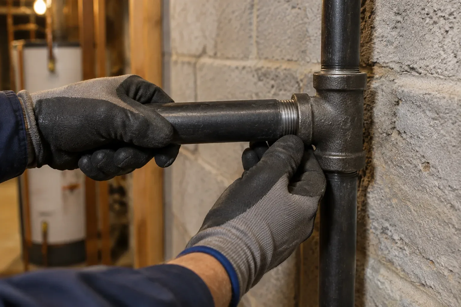 Prime Plumbing technician running and joining new black iron gas piping in a Greater Boston basement