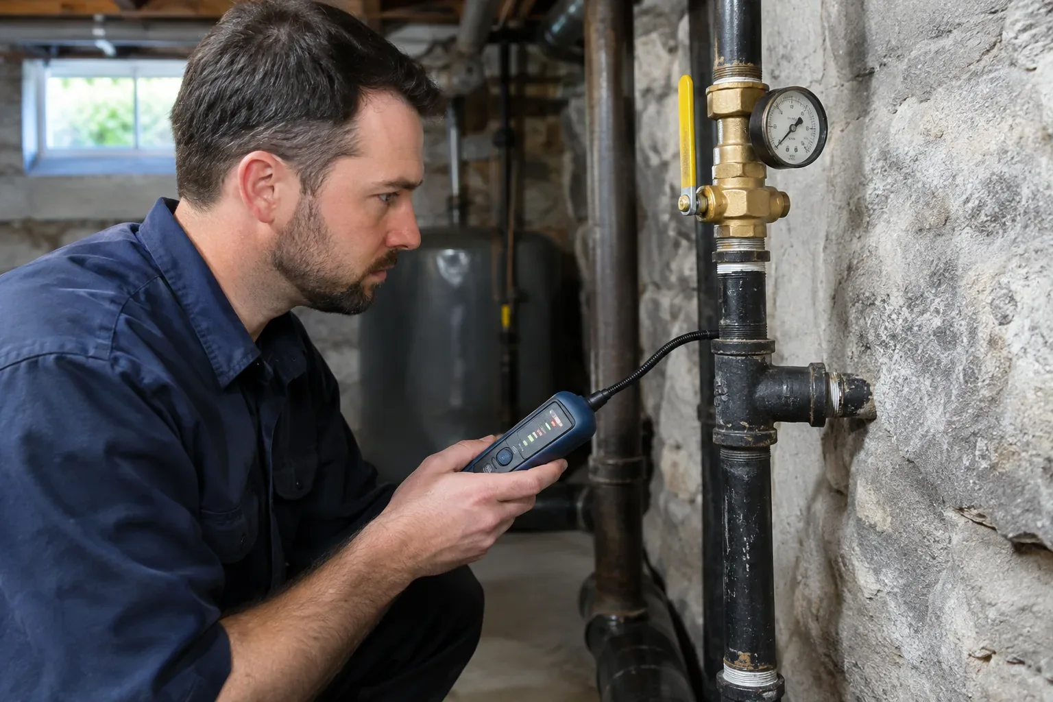 Prime Plumbing technician inspecting and repairing a gas line fitting with a leak-detection gauge in a Greater Boston basement