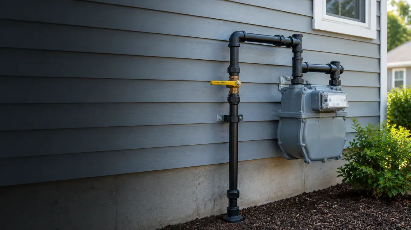 Prime Plumbing technician pressure-testing newly installed black iron gas piping in a Greater Boston basement