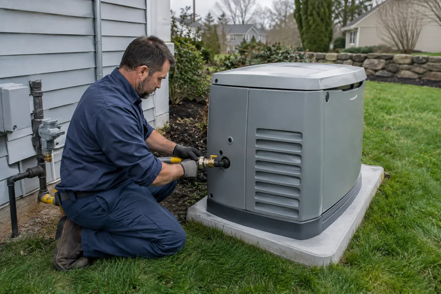 Prime Plumbing technician connecting a gas supply line to a standby home generator beside a Greater Boston house