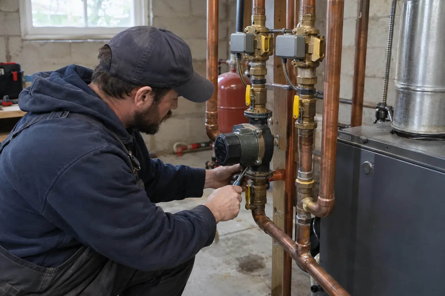 Prime Plumbing technician exercising a zone circulator during a fall heating tune-up in a Greater Boston basement