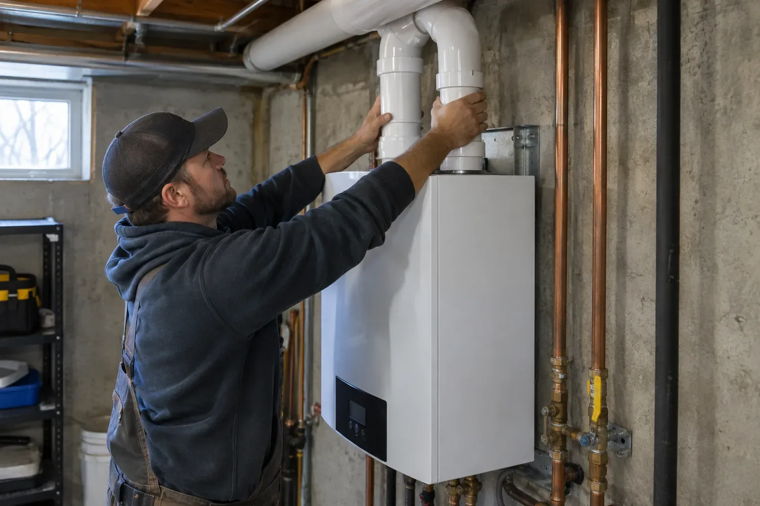 Prime Plumbing technician connecting the venting and condensate on a new high-efficiency boiler in a Greater Boston basement