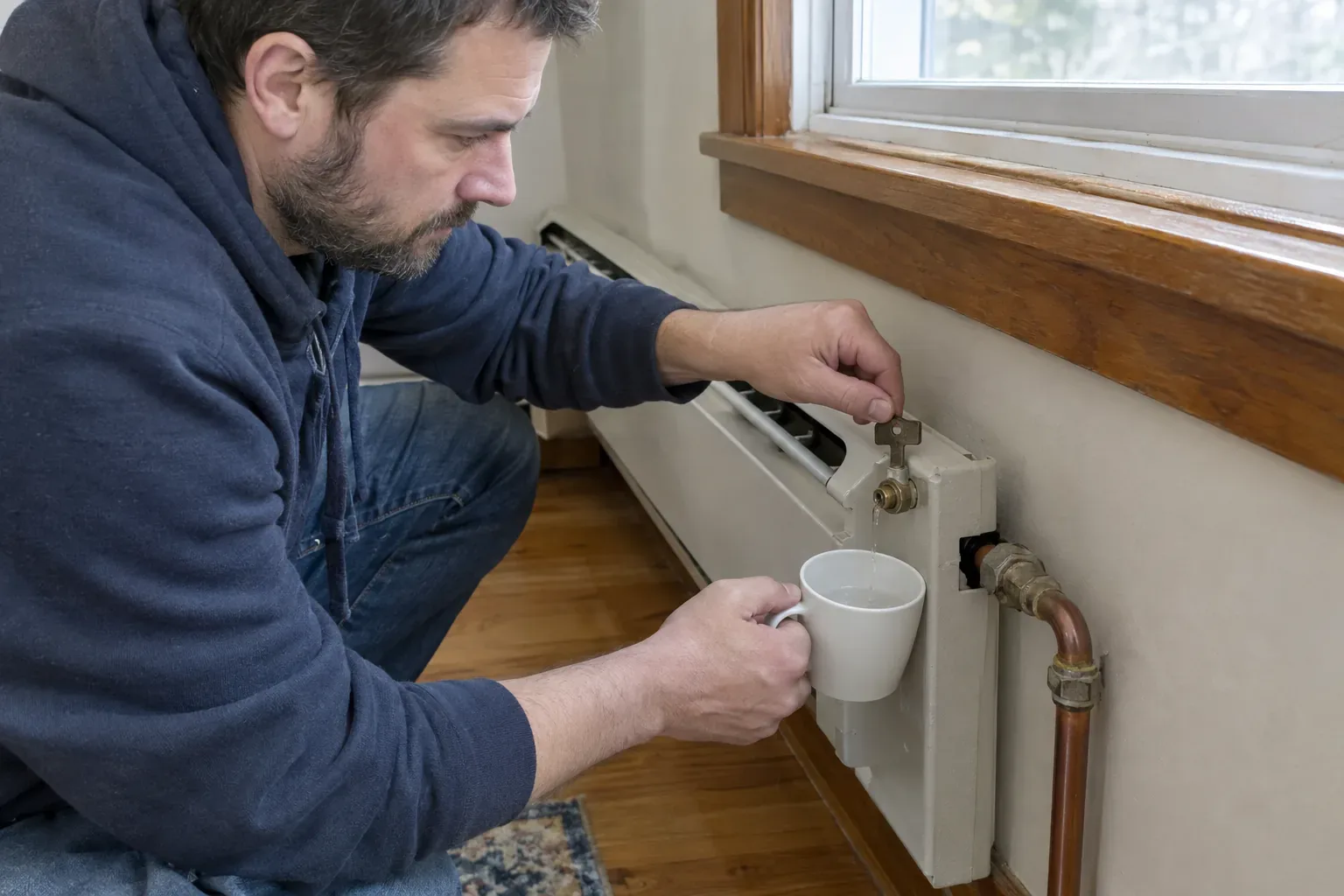 Prime Plumbing technician bleeding trapped air from a hot-water heating zone during a fall tune-up in a Greater Boston home