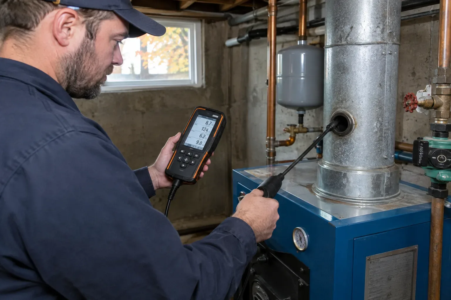 Prime Plumbing technician running a combustion analyzer on a residential boiler during a fall safety inspection in a Greater Boston basement