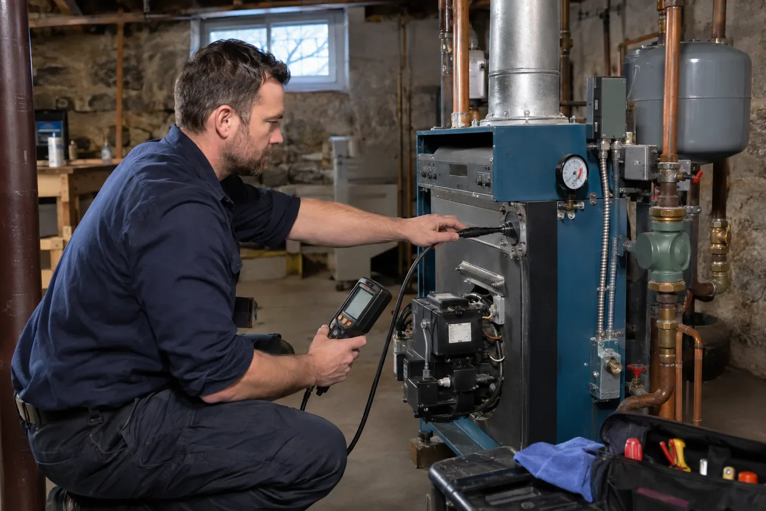 Prime Plumbing technician performing a fall tune-up and combustion check on a residential heating system in a Greater Boston basement