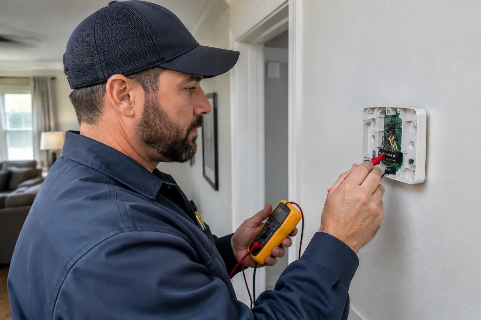 Prime Plumbing technician testing a wall thermostat during a no-heat diagnosis in a Greater Boston home