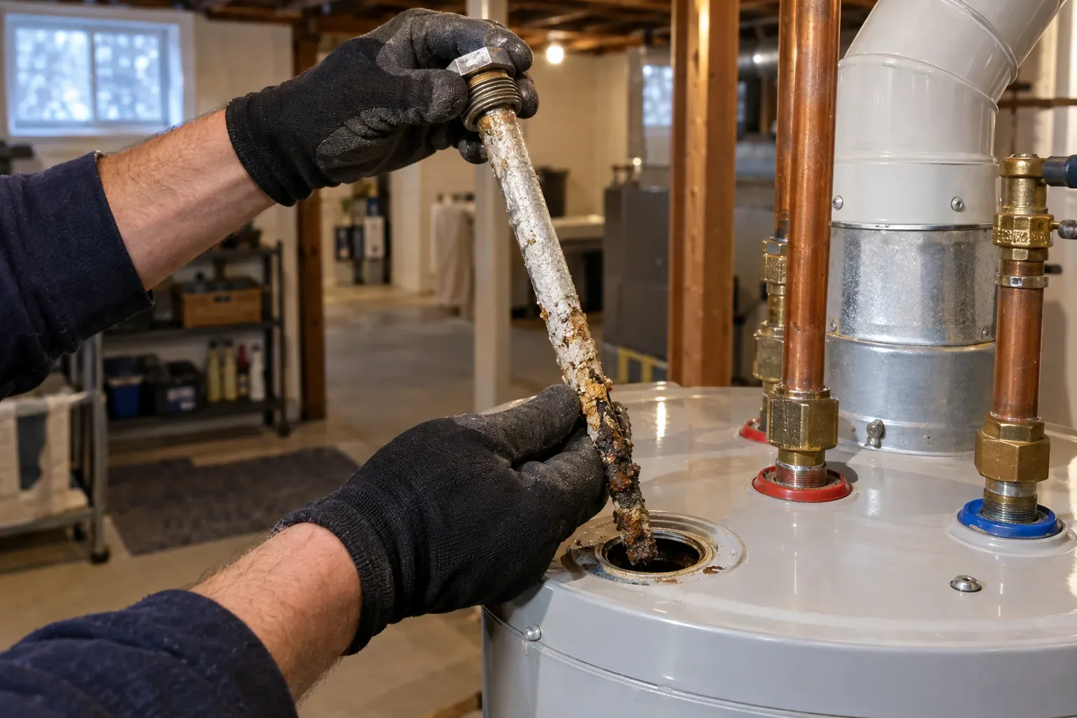 Plumber inspecting and replacing a corroded anode rod on a residential water heater
