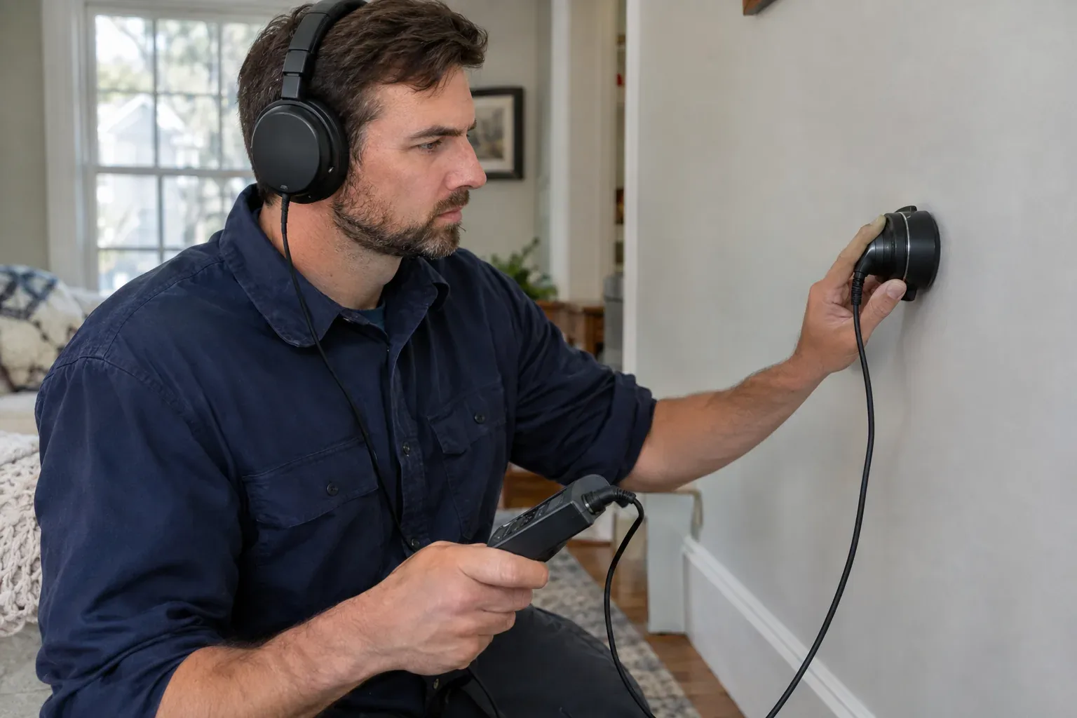 Prime Plumbing technician using electronic leak detection equipment on a wall in a Greater Boston home