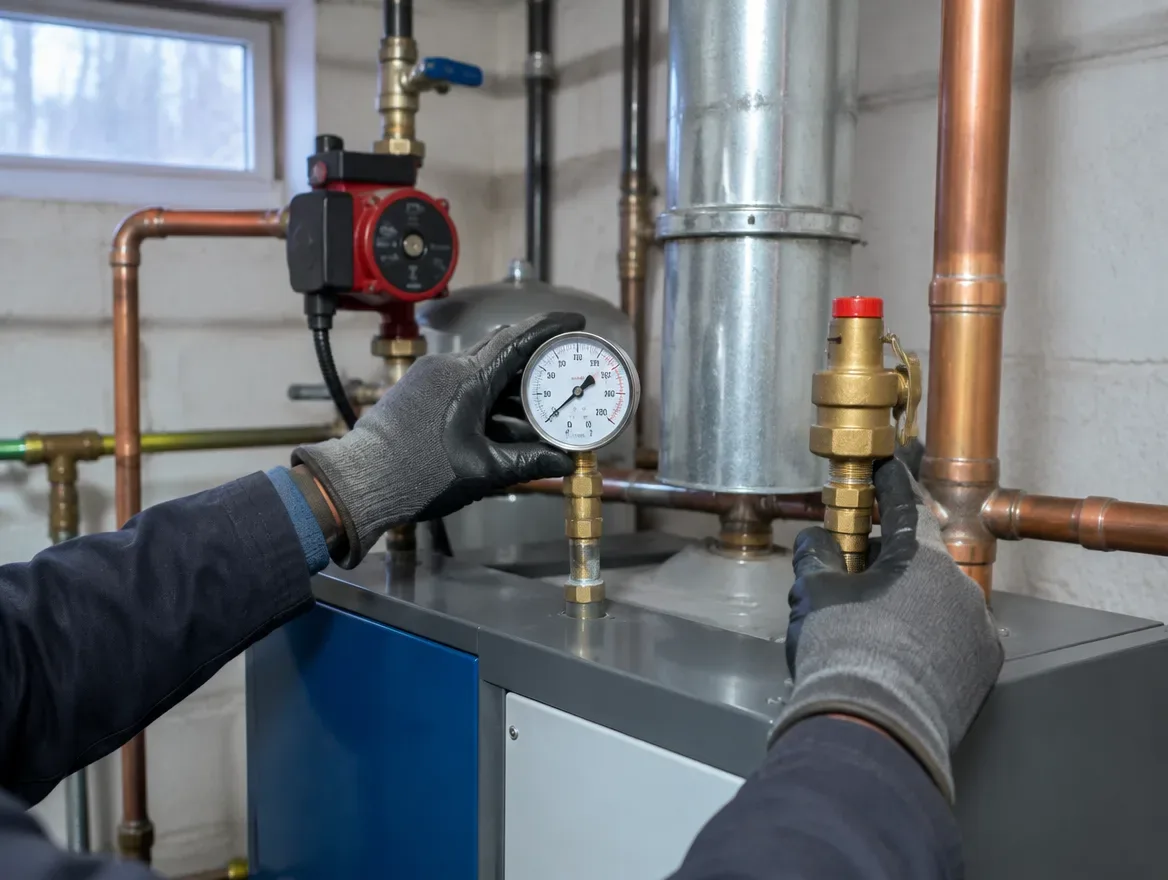 Prime Plumbing technician servicing a residential boiler during a fall maintenance visit in a Greater Boston basement
