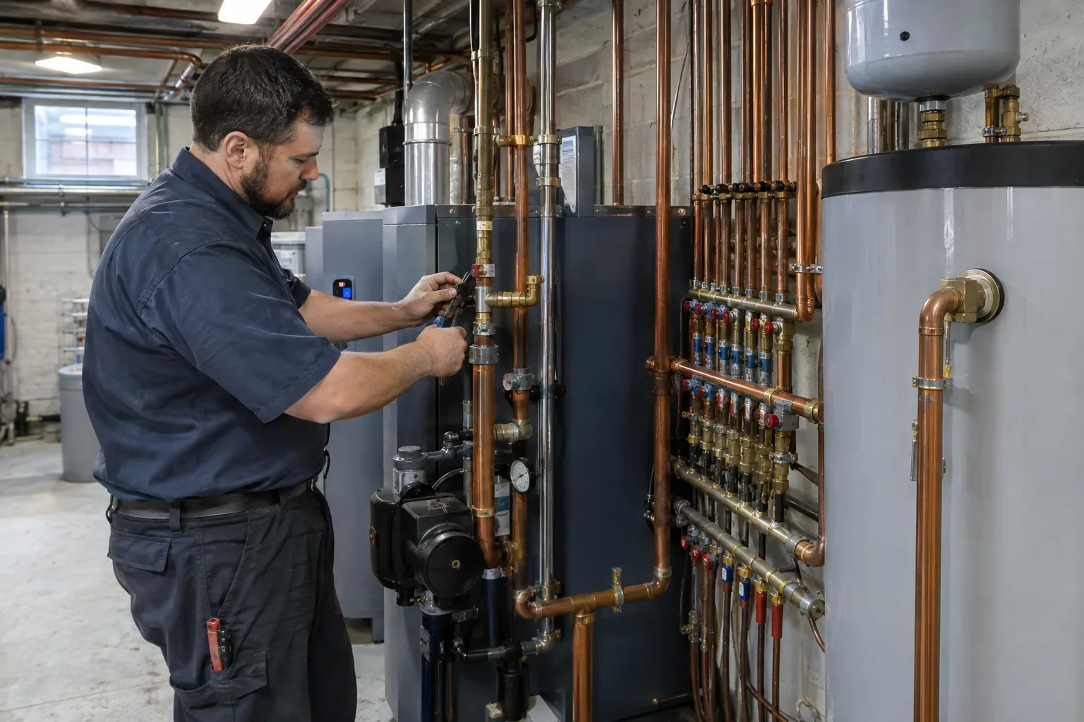 Prime Plumbing technician servicing a shared boiler and hot-water system in the basement mechanical room of a Greater Boston apartment building