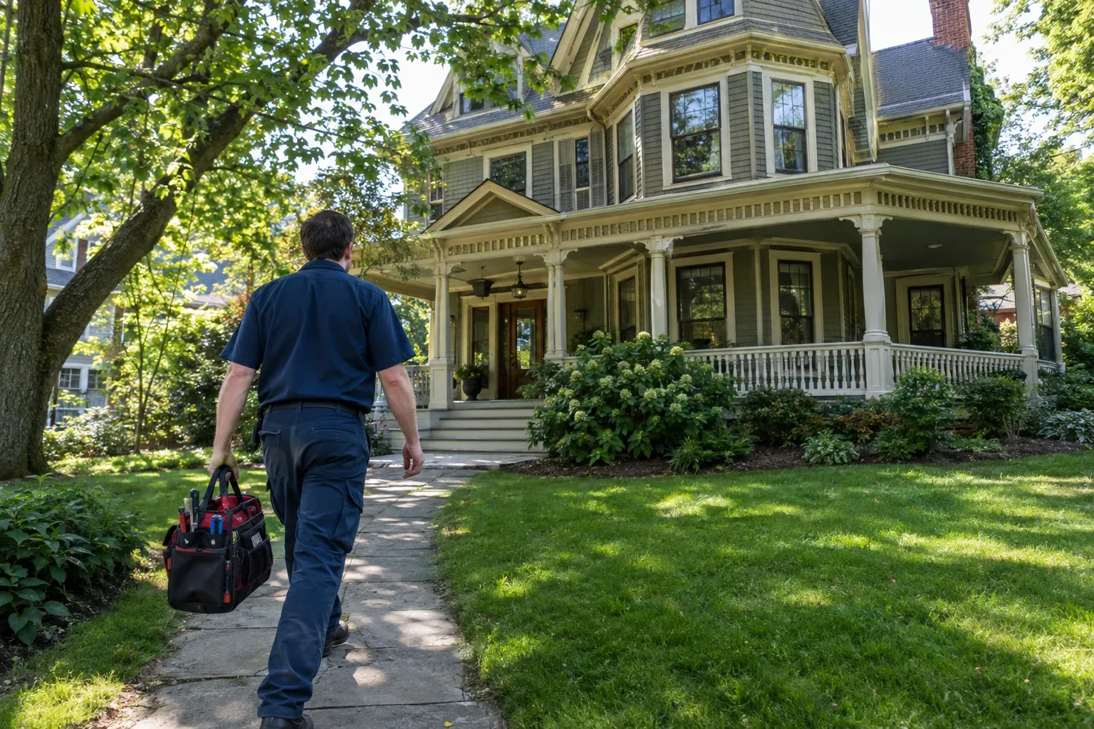 Prime Plumbing technician outside a large older Victorian home in Newton, Massachusetts