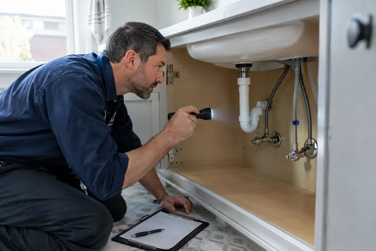 Prime Plumbing technician inspecting under-sink shutoff valves and supply lines during a home plumbing checkup in a Greater Boston home