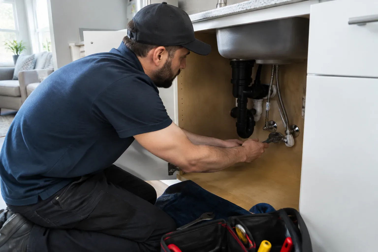 Prime Plumbing technician repairing a shutoff and supply line in an occupied apartment unit in a Greater Boston building