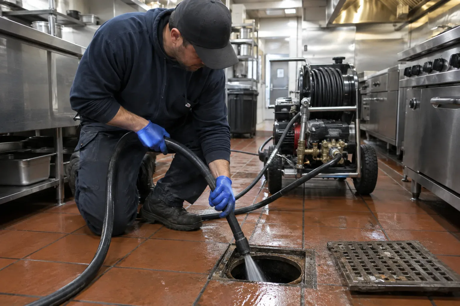 Prime Plumbing technician hydro-jetting a commercial kitchen floor drain and grease line in a Greater Boston restaurant