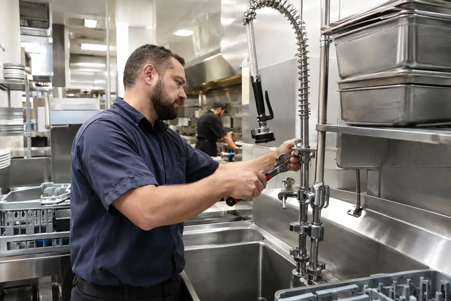 Prime Plumbing technician servicing a pre-rinse faucet and drain at a commercial kitchen dish station in a Greater Boston restaurant