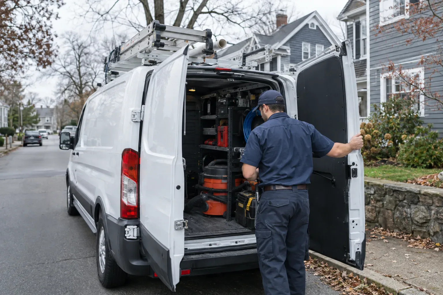 Prime Plumbing work van in a Greater Boston residential neighborhood