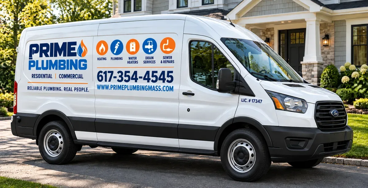 Prime Plumbing service van with the company logo, phone number, and website