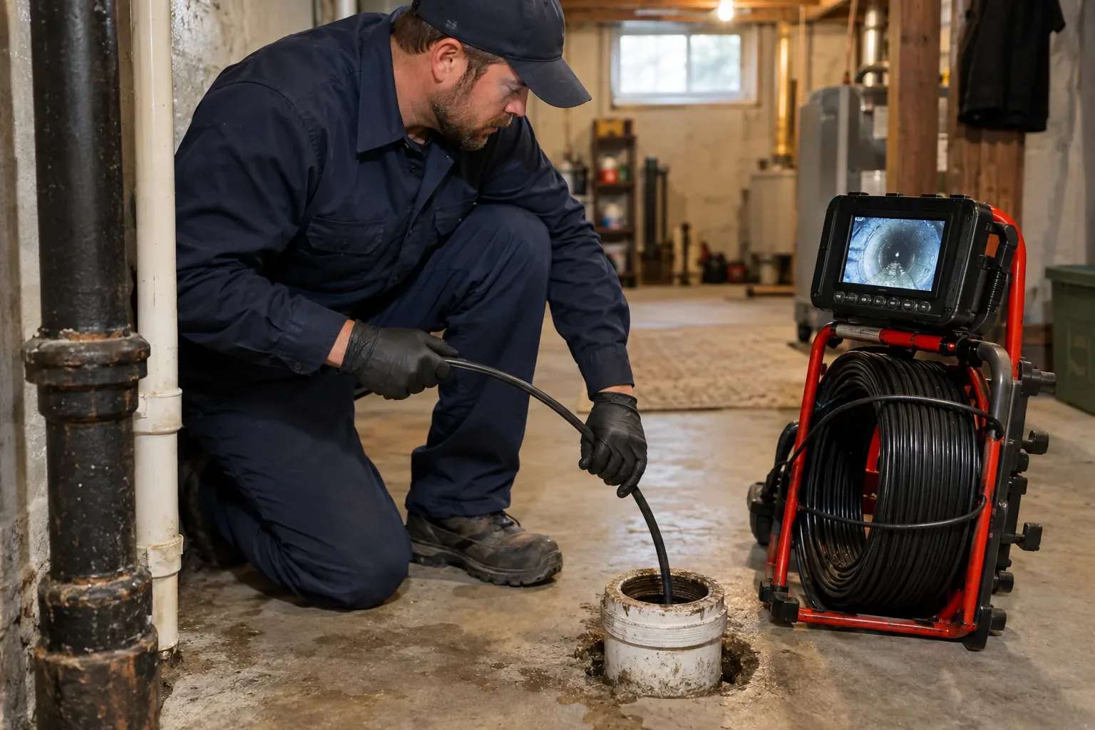 Prime Plumbing technician feeding a sewer inspection camera down a main-line cleanout at a Greater Boston home