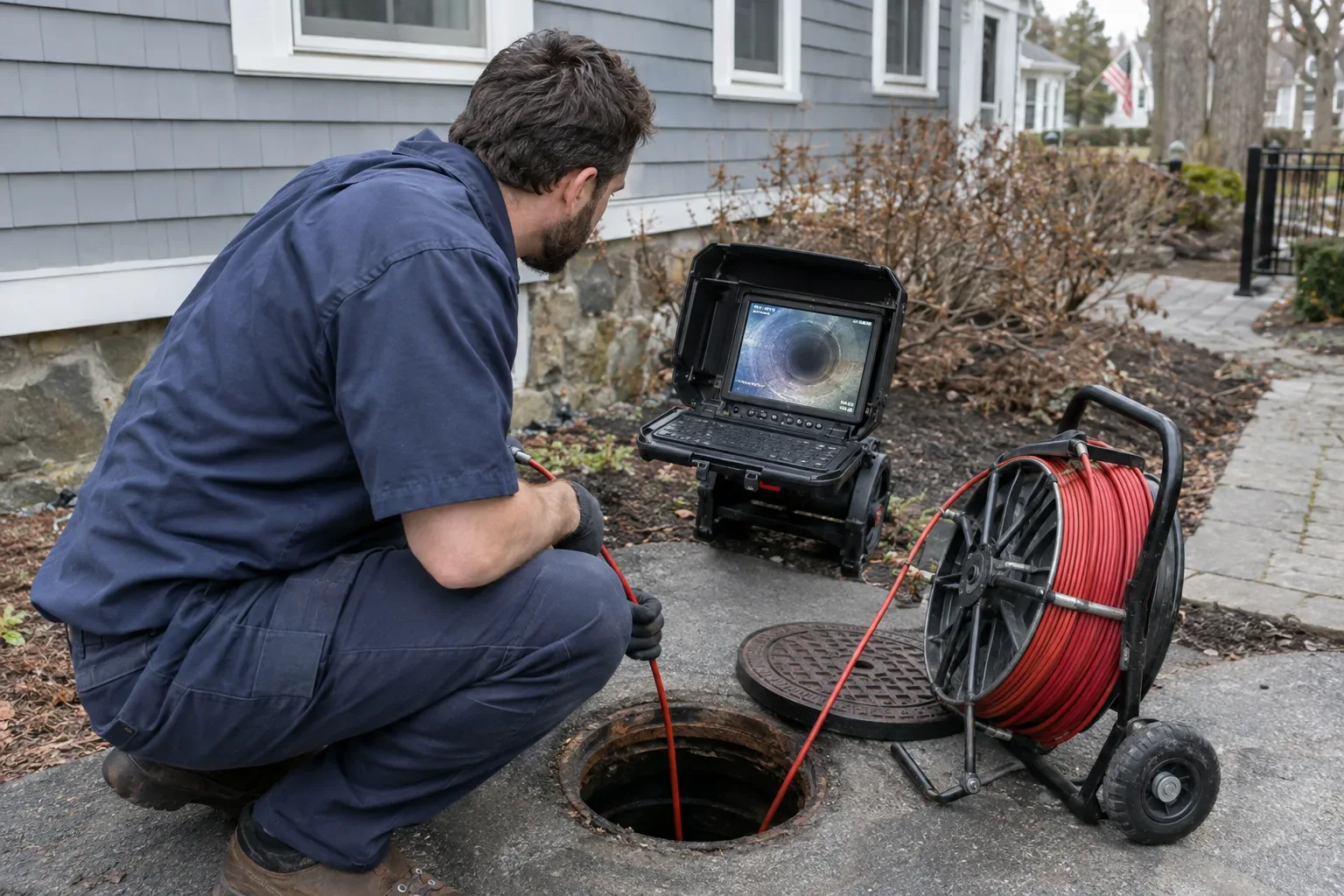 Prime Plumbing technician reviewing sewer camera footage of a main line on a monitor at a Greater Boston property