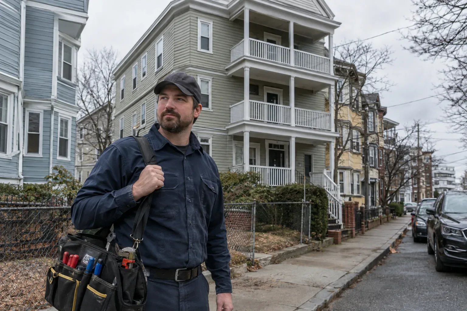 Prime Plumbing technician outside a classic three-decker home on a dense street in Somerville, Massachusetts