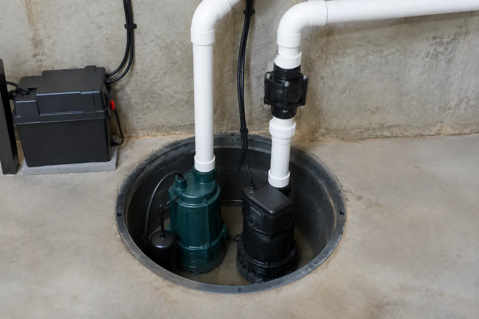 Battery backup sump pump installed beside the primary pump in a Greater Boston basement by Prime Plumbing