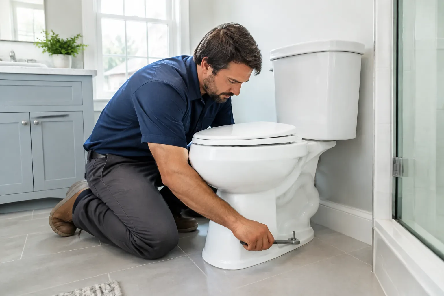 Prime Plumbing technician installing a new toilet in a Greater Boston bathroom