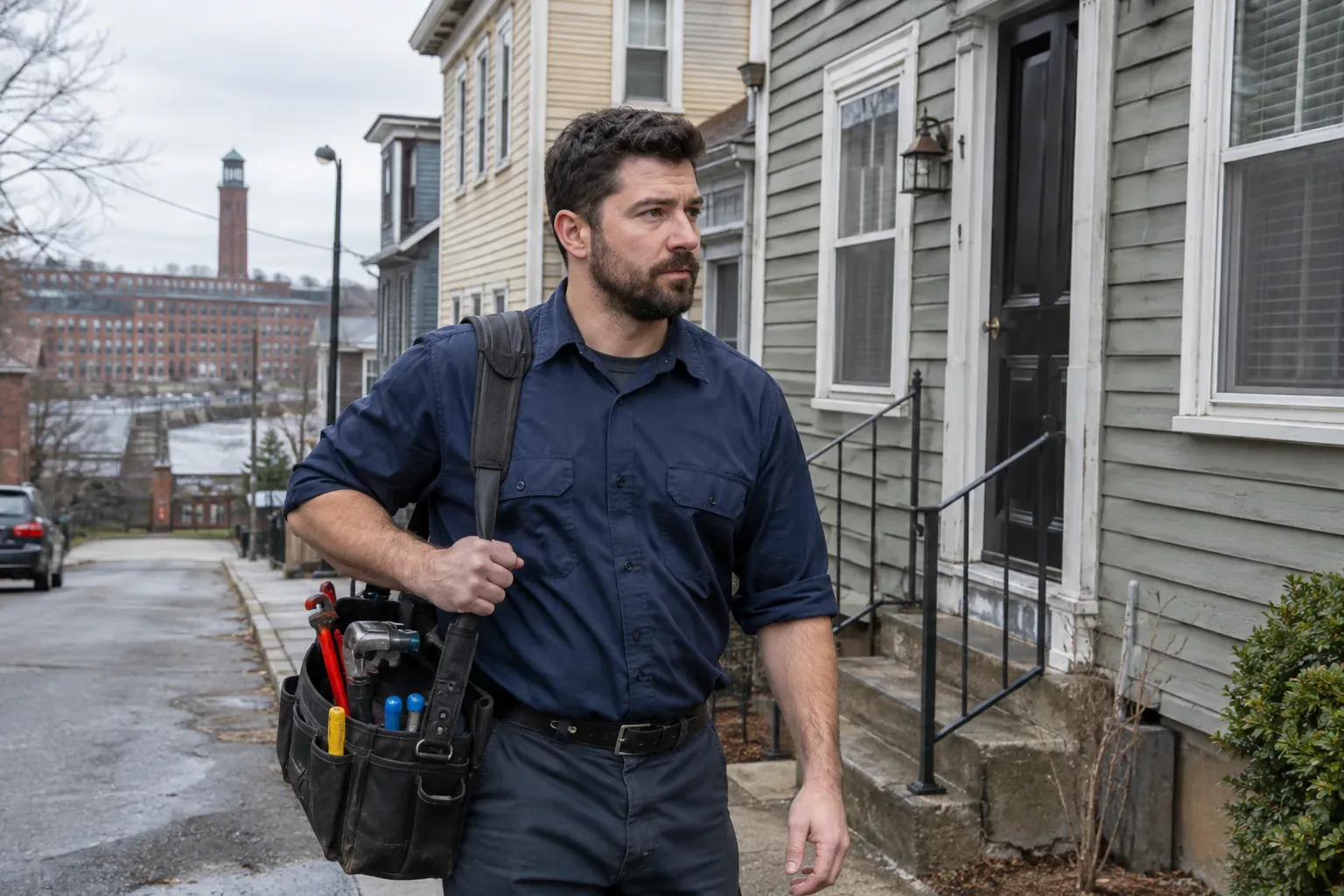 Prime Plumbing technician outside an older home on a residential street in Waltham, Massachusetts