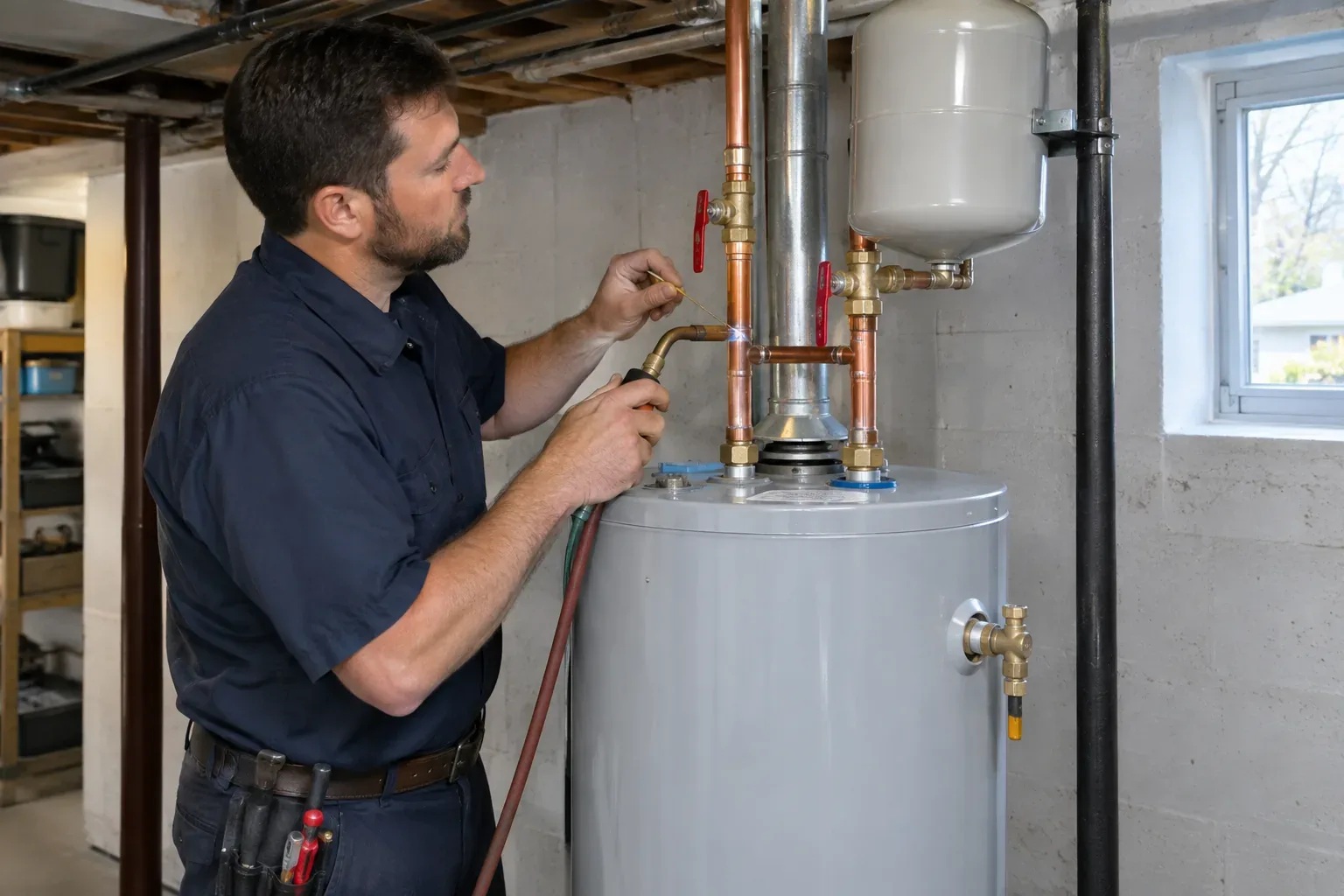 Prime Plumbing technician connecting a newly installed water heater with copper lines and an expansion tank in a Greater Boston basement
