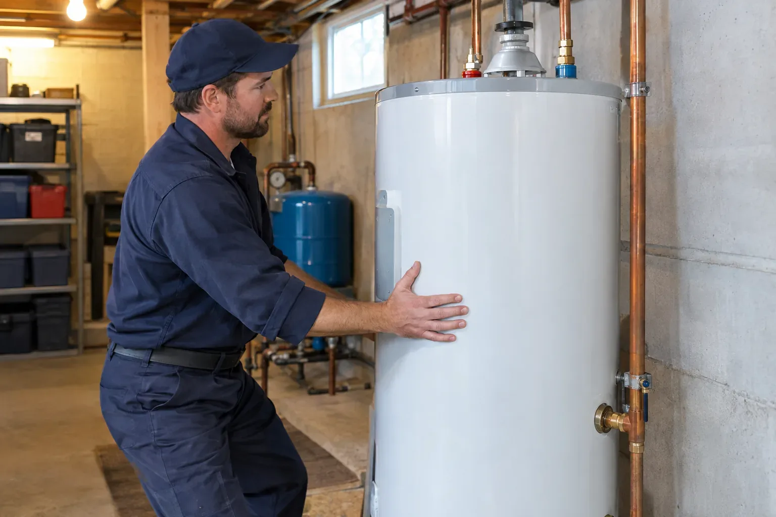 Prime Plumbing technician positioning a new residential water heater tank into place in a Greater Boston basement